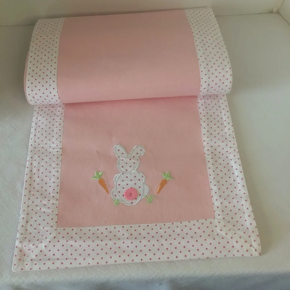Easter table runner it’s beautiful pink with white polka‎ dot border - bunnies!